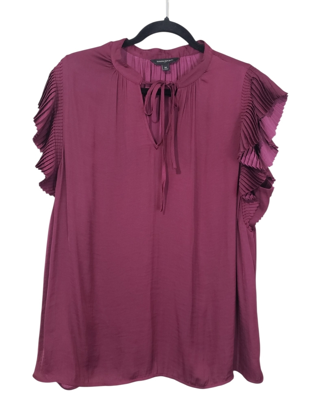 Banana Republic Burgundy Pleated Flutter Sleeve Satin Tie-Neck Blouse XL